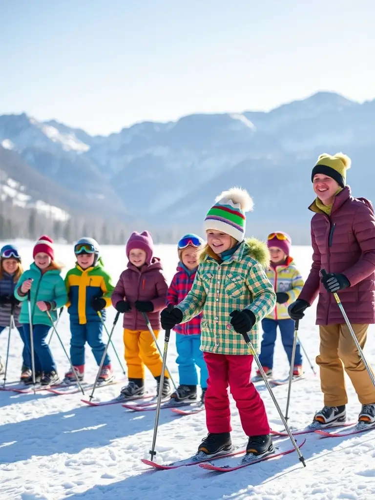 A group of children learning to cross-country ski with an instructor in a snowy field in Réallon, France, with the mountains in the background.