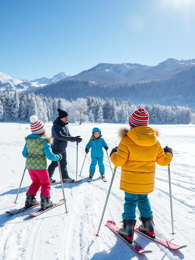 A group of children learning to cross-country ski, with instructors providing guidance in a snowy, sunny field in Réallon.