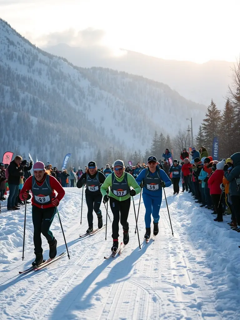 A group of adults participating in a cross-country ski race in Réallon, France, with spectators cheering them on.