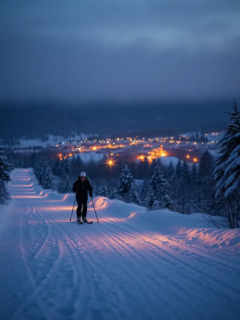 A person practicing cross-country skiing in the evening in Réallon, France, with the lights of the village in the background.