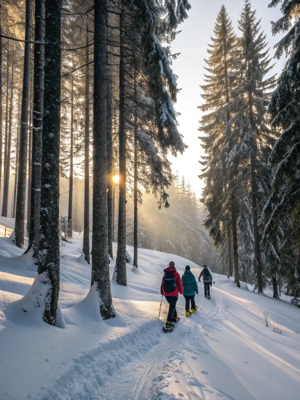 A person snowshoeing through a forest in Réallon, France, with sunlight filtering through the trees.