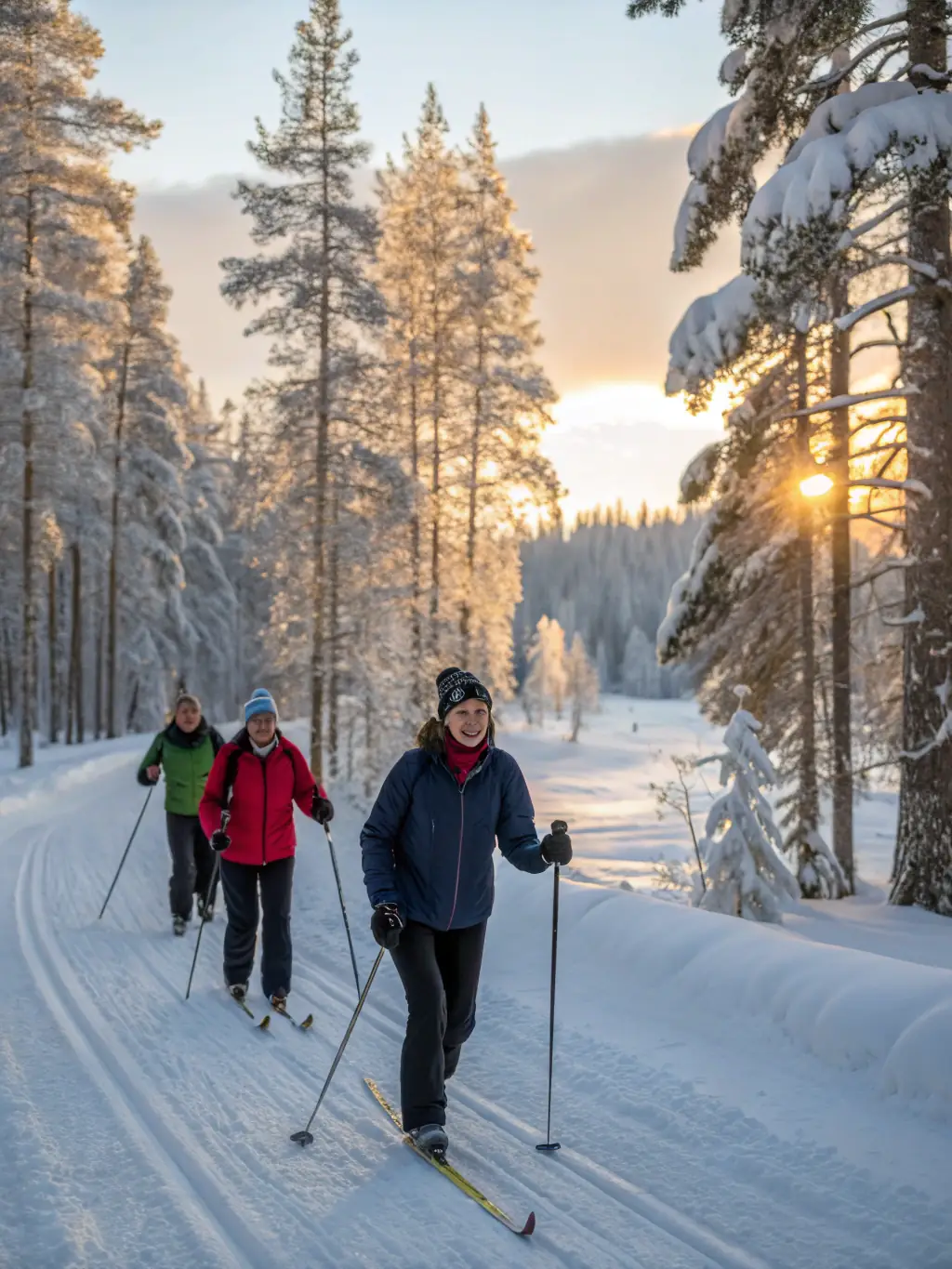 A group of adults on a cross-country skiing excursion, traversing a scenic trail through the Nordic area of Réallon, with mountains in the background.