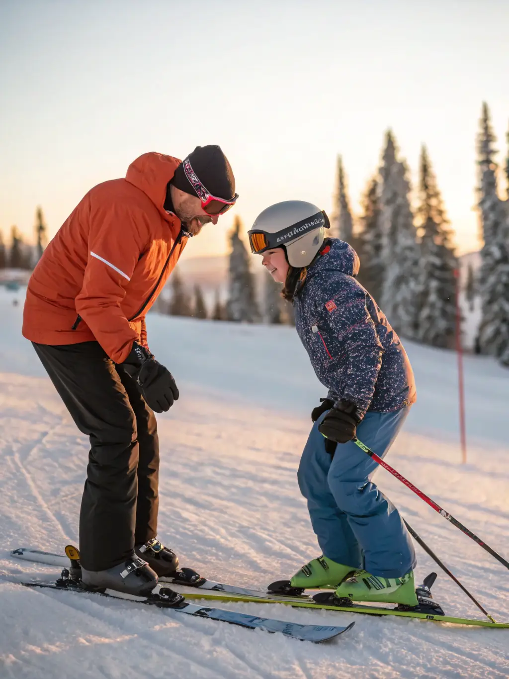 A cross-country skiing coach providing personalized training to an athlete, focusing on technique and performance improvement on a snowy track.
